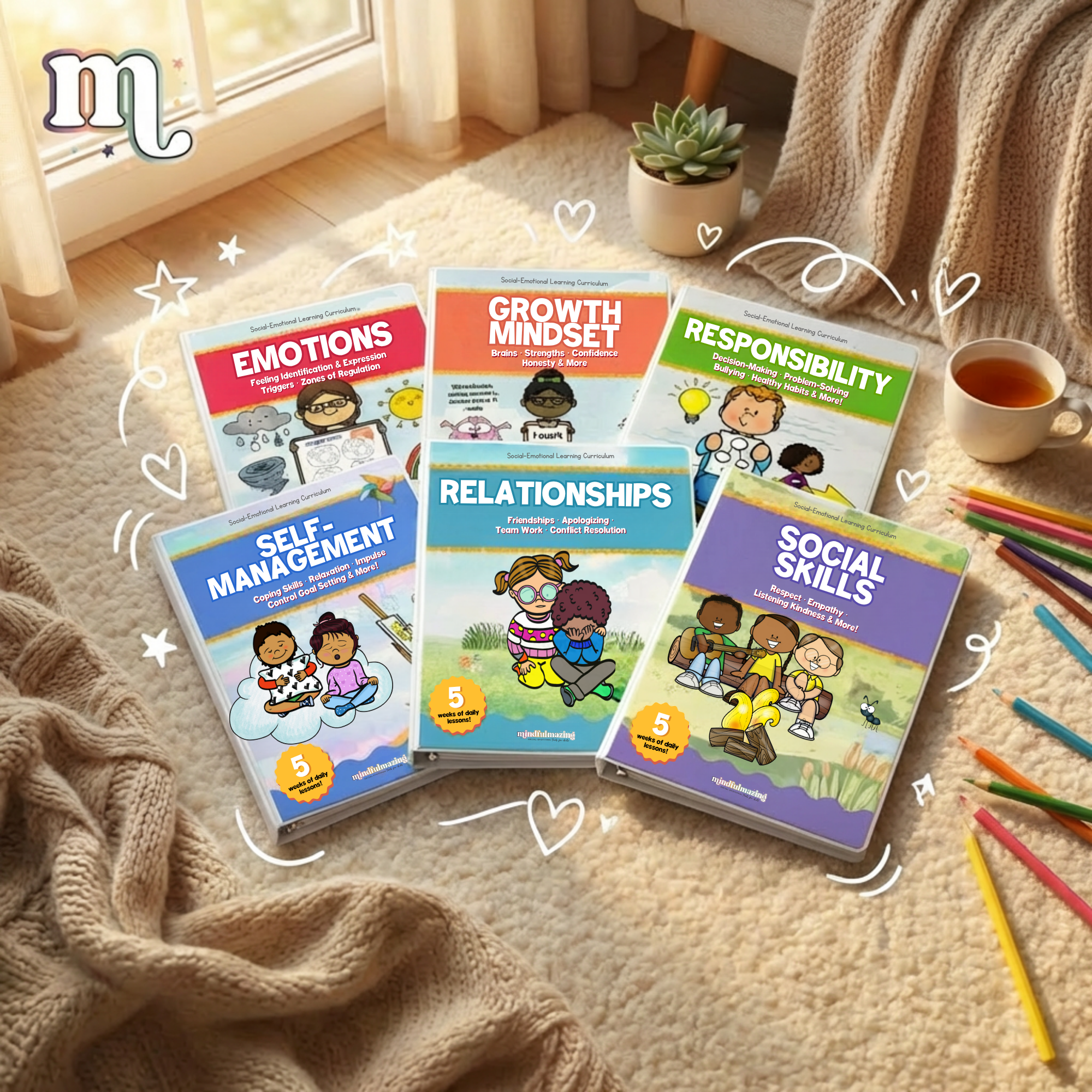 The complete HeartSmart SEL curriculum — workbook, posters and printables laid out ready to use right out of the box